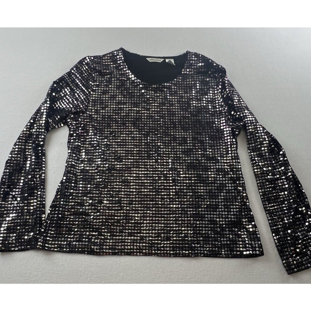 Laura Ahsley Large Woman Sequin Blouse Y2k Long Sleeve Stretch Swiftie‎
